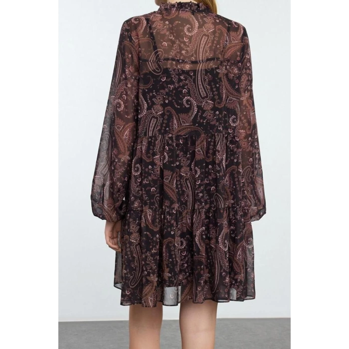 Women Fashion Stylish Mini Length Stand Collar Regular Shawl Patterned Loose Fit Lined Chiffon Woven Winter Dress