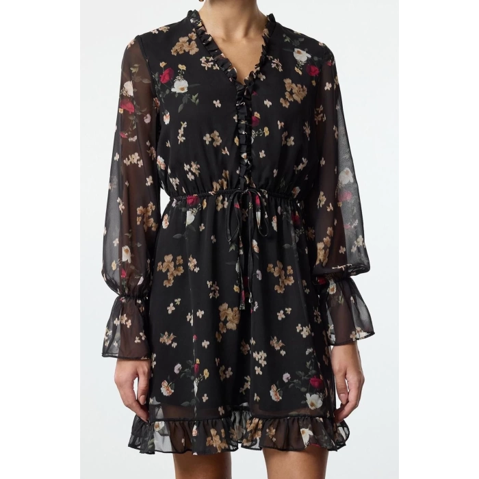 Women Fashion Stylish Mini Length V Neck Regular Floral Patterned Skirt Open Waist Lined Chiffon Woven Dress
