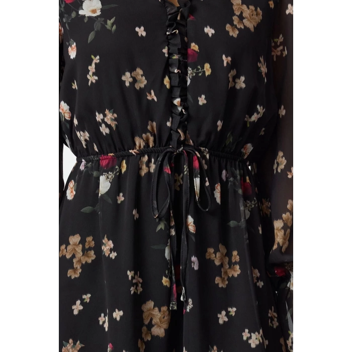 Women Fashion Stylish Mini Length V Neck Regular Floral Patterned Skirt Open Waist Lined Chiffon Woven Dress