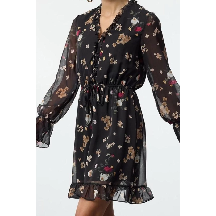 Women Fashion Stylish Mini Length V Neck Regular Floral Patterned Skirt Open Waist Lined Chiffon Woven Dress