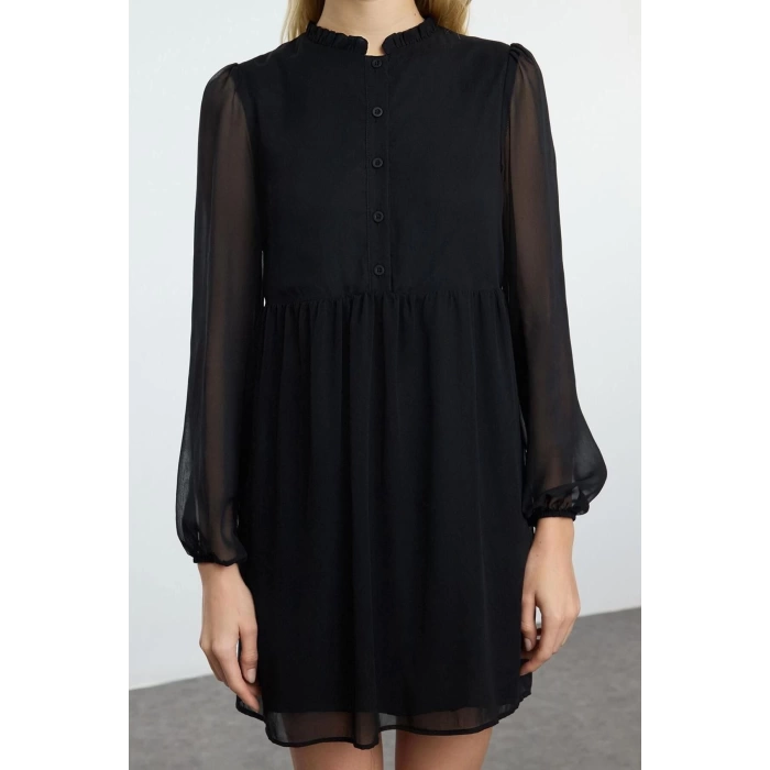 Women Fashion Stylish Mini Length Stand Collar Regular Waist Open Woven Winter Dress