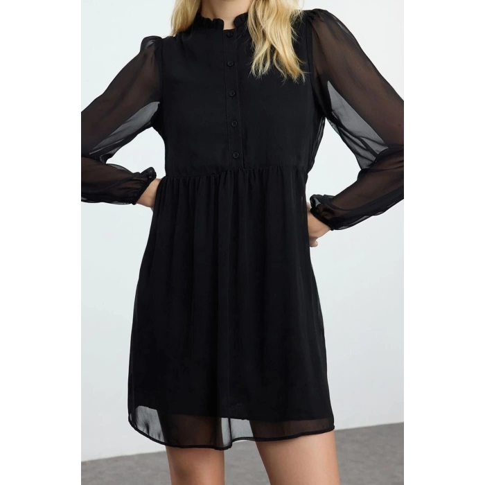 Women Fashion Stylish Mini Length Stand Collar Regular Waist Open Woven Winter Dress