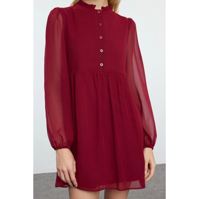 Women Fashion Stylish Mini Length Stand Collar Regular Waist Open Woven Winter Dress