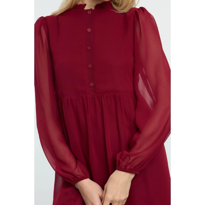 Women Fashion Stylish Mini Length Stand Collar Regular Waist Open Woven Winter Dress