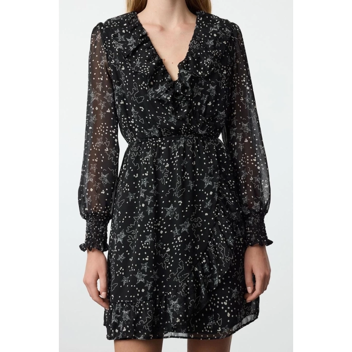Women Fashion Stylish Mini Length Double Breasted Regular A Cut Geometric Patterned Ruffle Chiffon Woven Dress