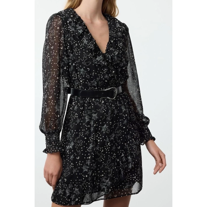 Women Fashion Stylish Mini Length Double Breasted Regular A Cut Geometric Patterned Ruffle Chiffon Woven Dress