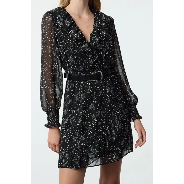 Women Fashion Stylish Mini Length Double Breasted Regular A Cut Geometric Patterned Ruffle Chiffon Woven Dress
