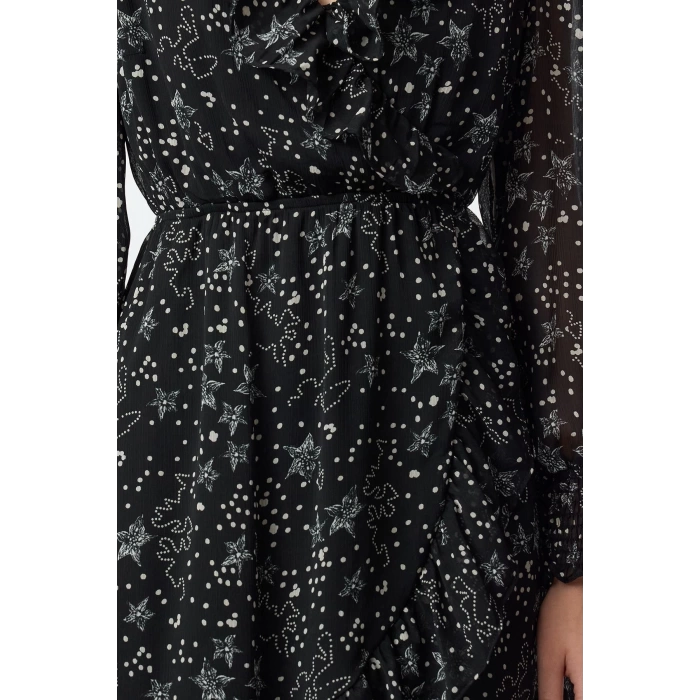 Women Fashion Stylish Mini Length Double Breasted Regular A Cut Geometric Patterned Ruffle Chiffon Woven Dress