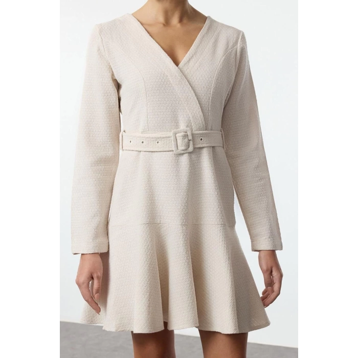 Women Fashion Stylish Mini Length Double Breasted Regular Skirt Flounce Tweed Woven Dress