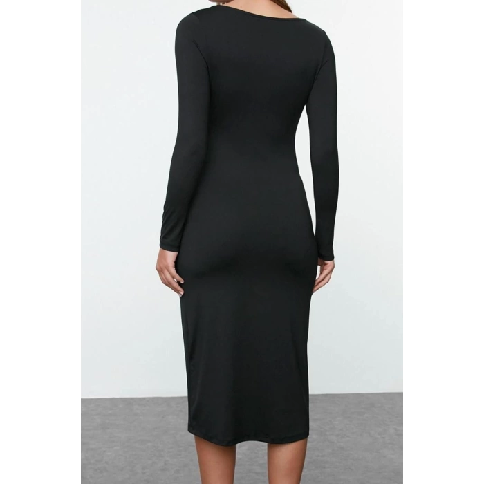 Women Fashion Stylish Midi Length Boat Neck Slim Plain Bodycone Fitted Polyamide Knit Dress