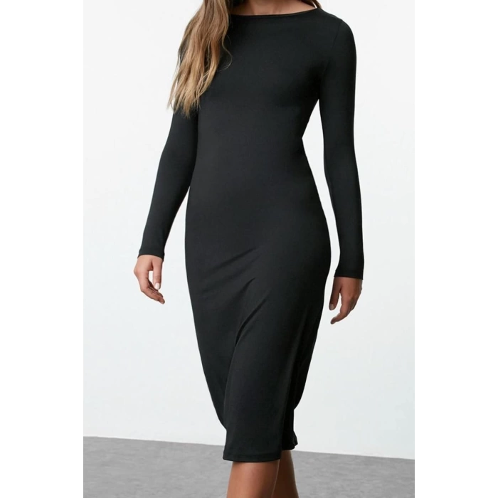 Women Fashion Stylish Midi Length Boat Neck Slim Plain Bodycone Fitted Polyamide Knit Dress