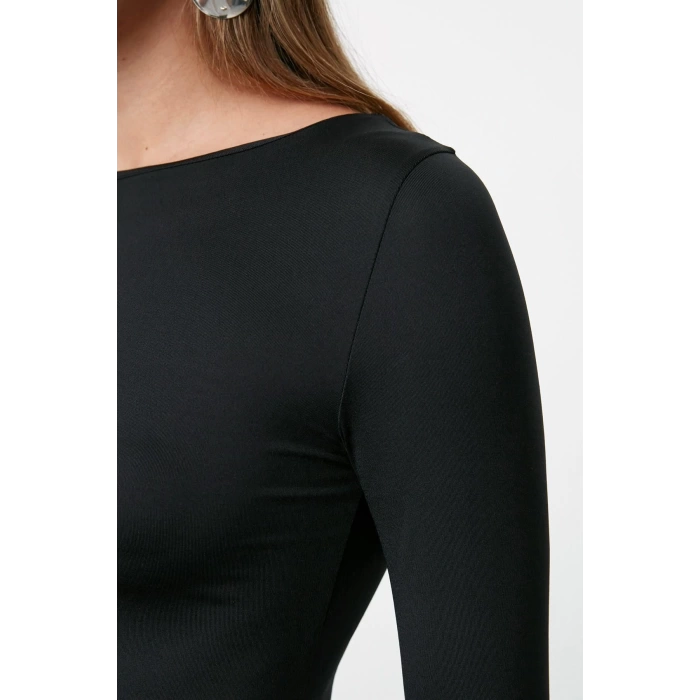 Women Fashion Stylish Midi Length Boat Neck Slim Plain Bodycone Fitted Polyamide Knit Dress