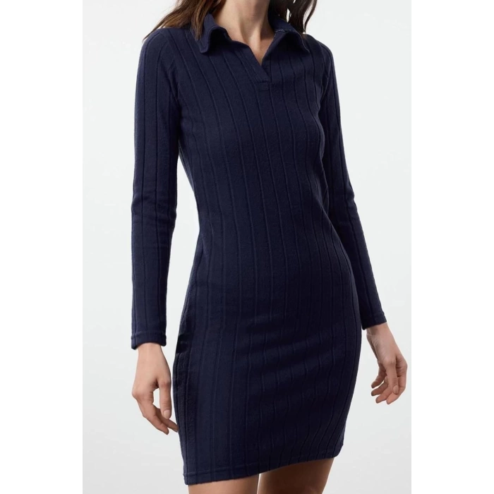 Women Fashion Stylish Mini Length Polo Neck Slim Fitted Bodycon Corduroy Knit Dress