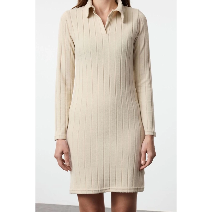 Women Fashion Stylish Mini Length Polo Neck Slim Fitted Bodycon Corduroy Knit Dress