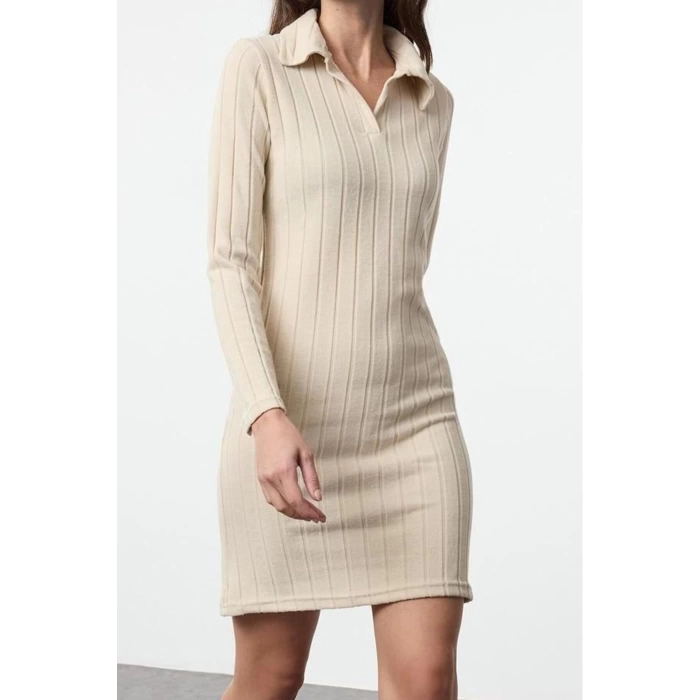 Women Fashion Stylish Mini Length Polo Neck Slim Fitted Bodycon Corduroy Knit Dress