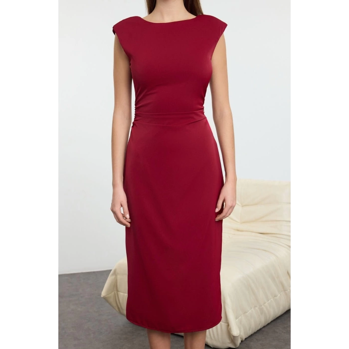 Women Fashion Stylish Midi Length Crew Neck Regular Plain Pattern Woven Dress