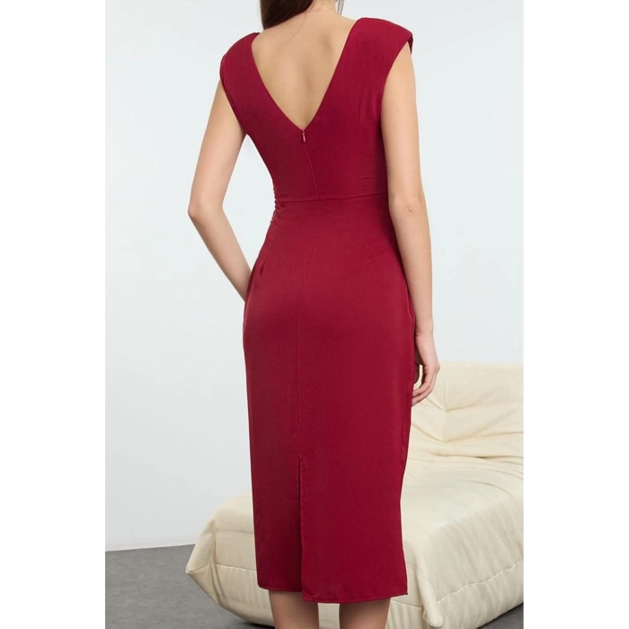 Women Fashion Stylish Midi Length Crew Neck Regular Plain Pattern Woven Dress