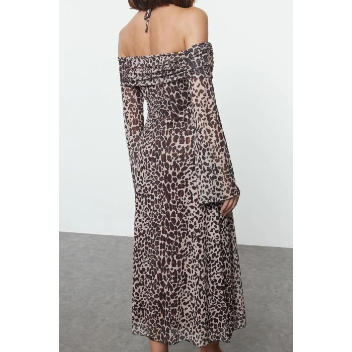 Women Fashion Stylish Midi Length Carmen Collar Slim Plain Tie Detail Knitted Dress