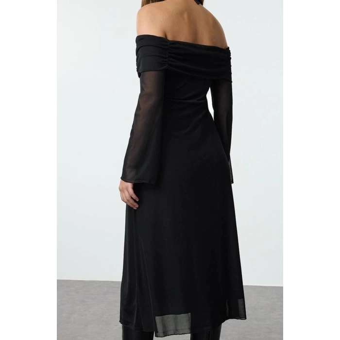 Women Fashion Stylish Midi Length Carmen Collar Slim Plain Tie Detail Knitted Dress