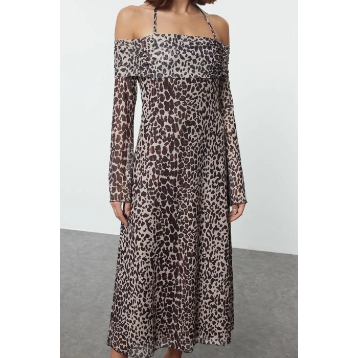 Women Fashion Stylish Midi Length Carmen Collar Slim Plain Tie Detail Knitted Dress