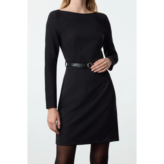 Women Fashion Stylish Mini Length Boat Neck Fitted Belted Bodycon Woven Dress