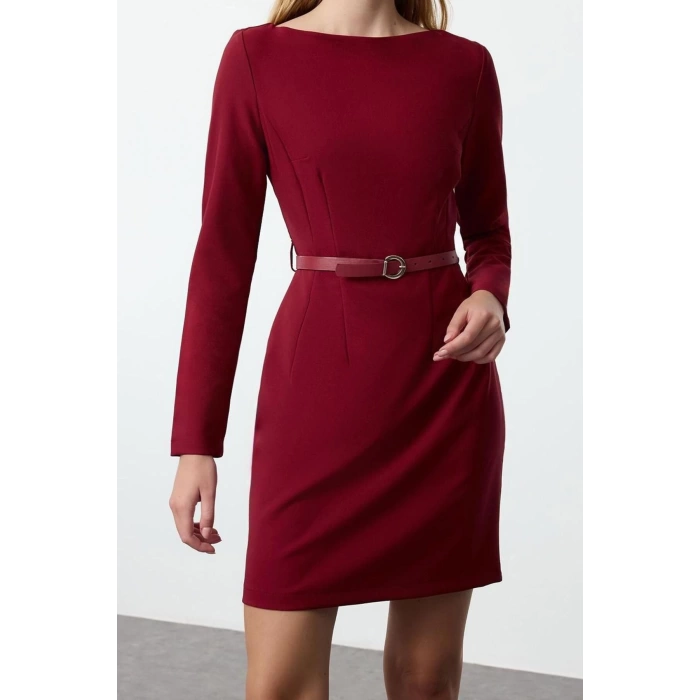 Women Fashion Stylish Mini Length Boat Neck Fitted Belted Bodycon Woven Dress