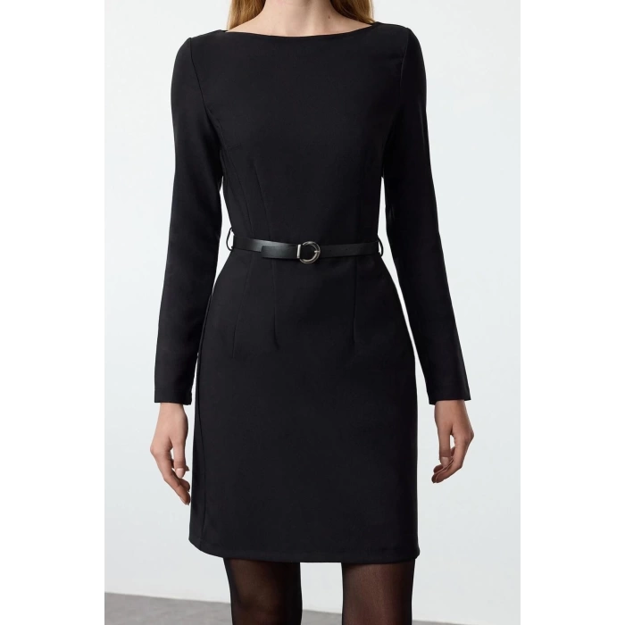 Women Fashion Stylish Mini Length Boat Neck Fitted Belted Bodycon Woven Dress