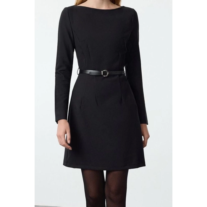 Women Fashion Stylish Mini Length Boat Neck Fitted Belted Bodycon Woven Dress