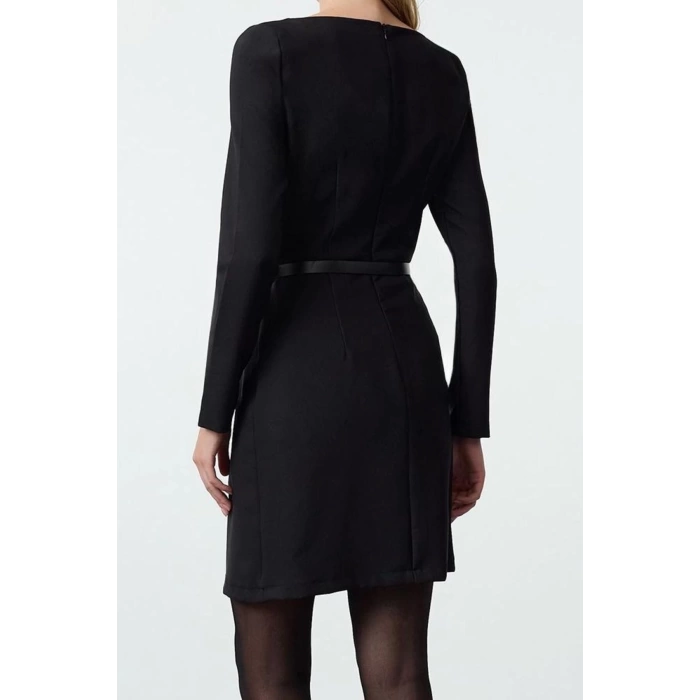 Women Fashion Stylish Mini Length Boat Neck Fitted Belted Bodycon Woven Dress