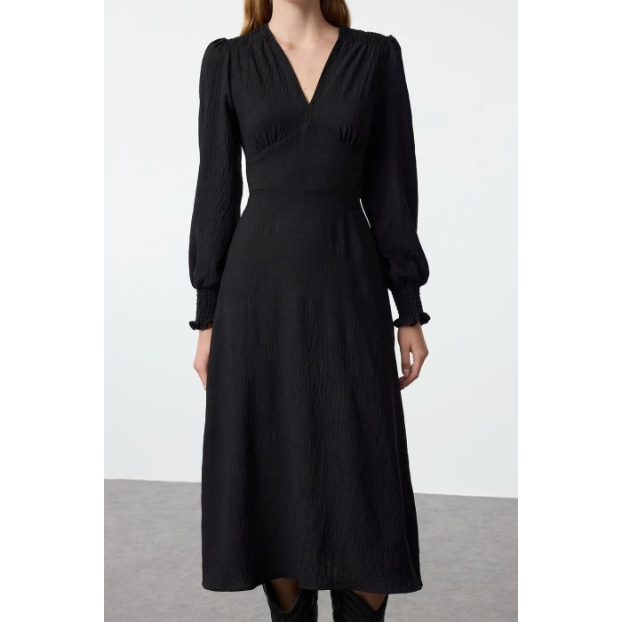 Womens Fashion Stylish Midi Length V Neck Regular Waist Open Corsage Detailed Woven Dress