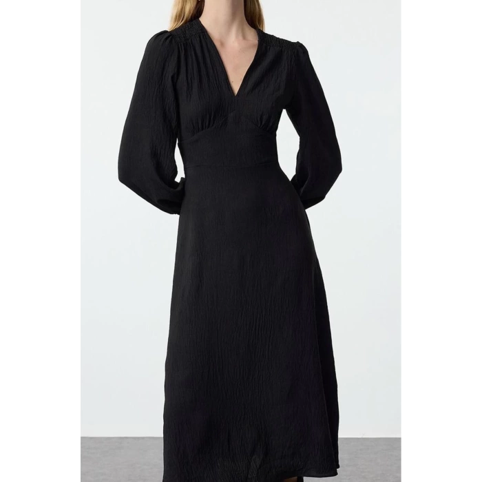 Womens Fashion Stylish Midi Length V Neck Regular Waist Open Corsage Detailed Woven Dress