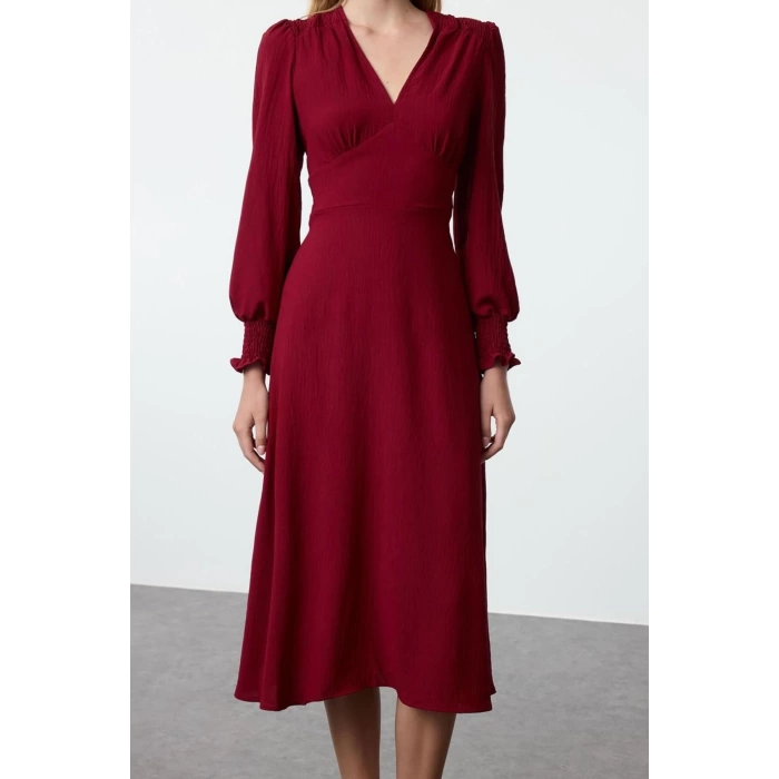 Womens Fashion Stylish Midi Length V Neck Regular Waist Open Corsage Detailed Woven Dress