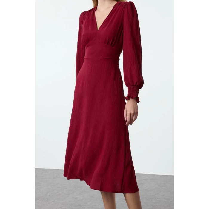 Womens Fashion Stylish Midi Length V Neck Regular Waist Open Corsage Detailed Woven Dress