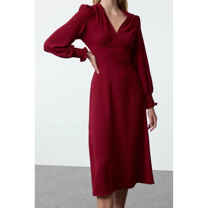 Womens Fashion Stylish Midi Length V Neck Regular Waist Open Corsage Detailed Woven Dress