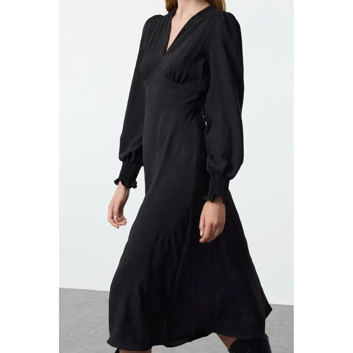 Womens Fashion Stylish Midi Length V Neck Regular Waist Open Corsage Detailed Woven Dress