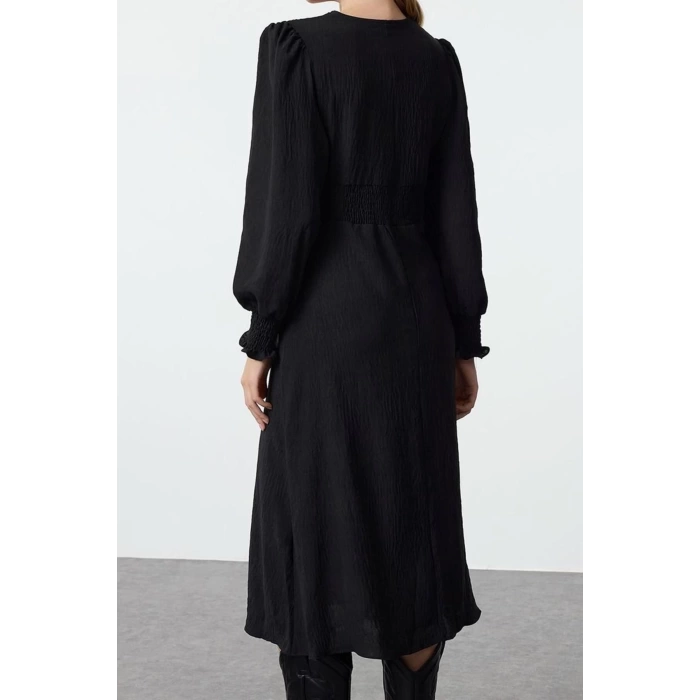Womens Fashion Stylish Midi Length V Neck Regular Waist Open Corsage Detailed Woven Dress