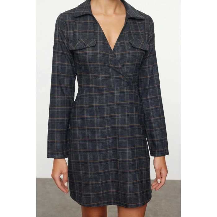 Women Fashion Stylish Mini Length Shirt Collar Regular Plaid A Cut Double Breasted Winter Woven Dress