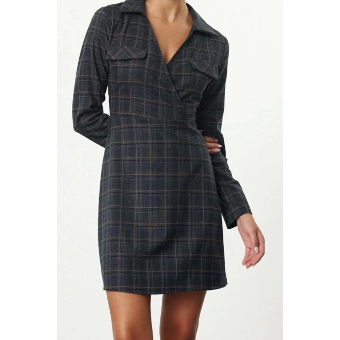 Women Fashion Stylish Mini Length Shirt Collar Regular Plaid A Cut Double Breasted Winter Woven Dress