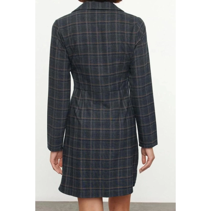 Women Fashion Stylish Mini Length Shirt Collar Regular Plaid A Cut Double Breasted Winter Woven Dress