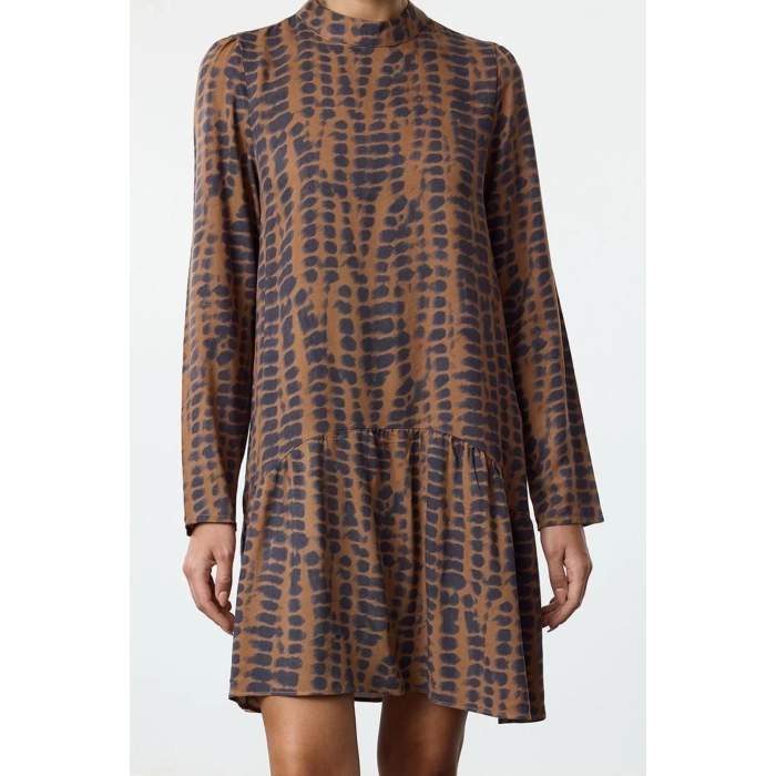 Women Fashion Stylish Mini Length Stand Collar Regular Skirt Flounce Abstract Patterned Woven Dress