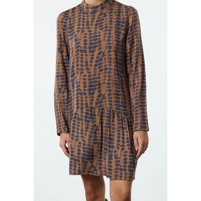 Women Fashion Stylish Mini Length Stand Collar Regular Skirt Flounce Abstract Patterned Woven Dress