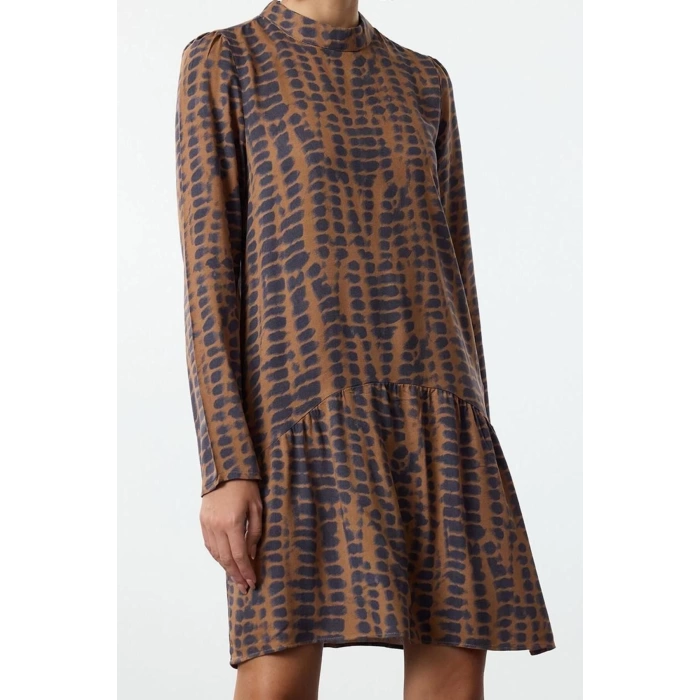 Women Fashion Stylish Mini Length Stand Collar Regular Skirt Flounce Abstract Patterned Woven Dress