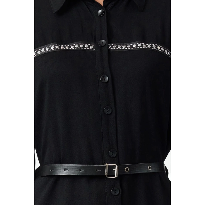 Women Fashion Stylish Mini Length Shirt Collar Regular Belted Troc Detailed Woven Shirt Dress