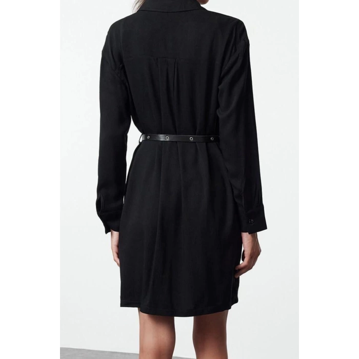 Women Fashion Stylish Mini Length Shirt Collar Regular Belted Troc Detailed Woven Shirt Dress