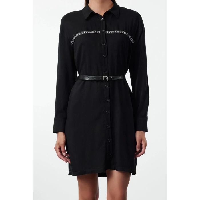 Women Fashion Stylish Mini Length Shirt Collar Regular Belted Troc Detailed Woven Shirt Dress