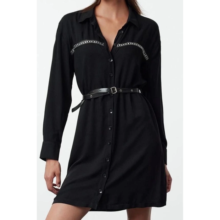 Women Fashion Stylish Mini Length Shirt Collar Regular Belted Troc Detailed Woven Shirt Dress