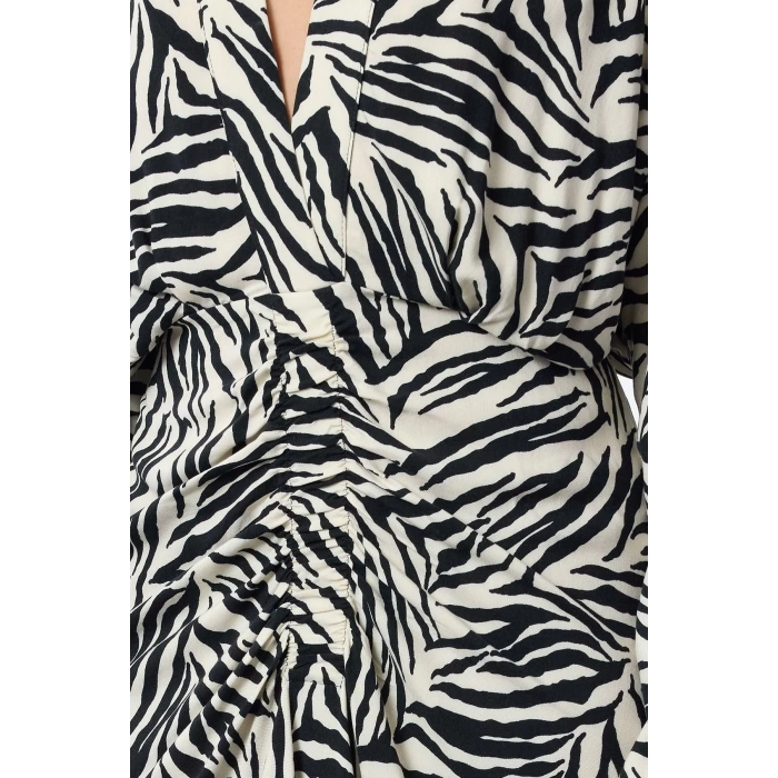 Womens Midi Length V Neck Fitted Animal Pattern Adjustable Collar Opening Gathered Skirt Woven Dress