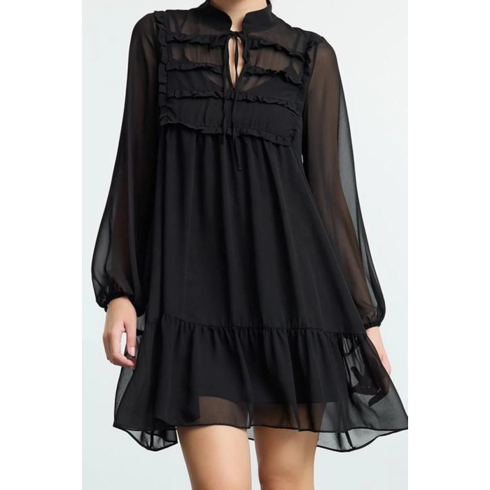 Women Fashion Stylish Mini Length Stand Collar Regular Ruffle Detailed Skirt Flounce Chiffon Woven Winter Dress