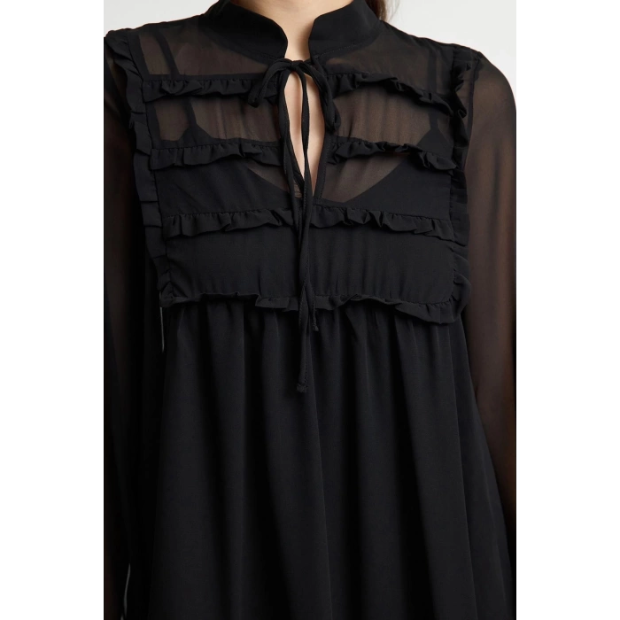 Women Fashion Stylish Mini Length Stand Collar Regular Ruffle Detailed Skirt Flounce Chiffon Woven Winter Dress