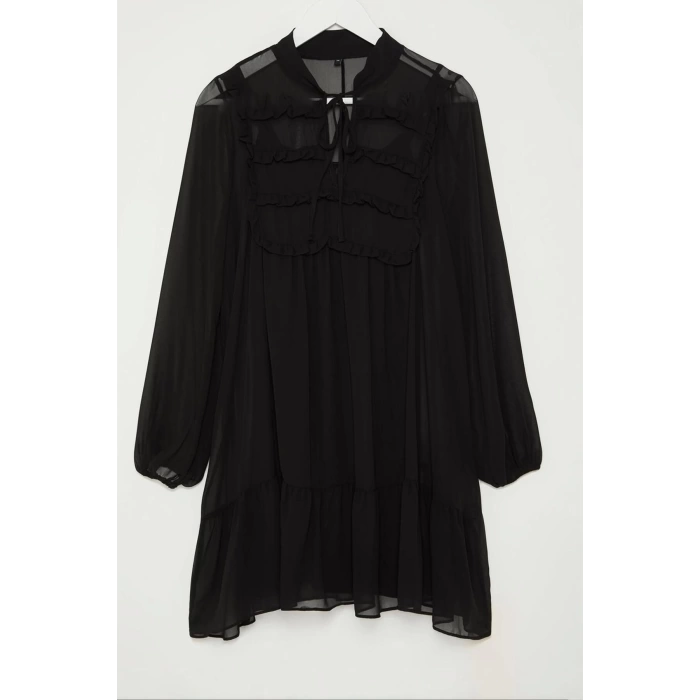 Women Fashion Stylish Mini Length Stand Collar Regular Ruffle Detailed Skirt Flounce Chiffon Woven Winter Dress